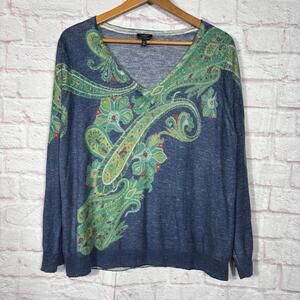 Talbots Blue and Green Paisley Merino Wool V-Neck Sweater 3XP